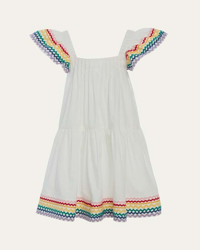 Girl's Ria Flutter Sleeve Rainbow-Trim Dress, Size 2-14